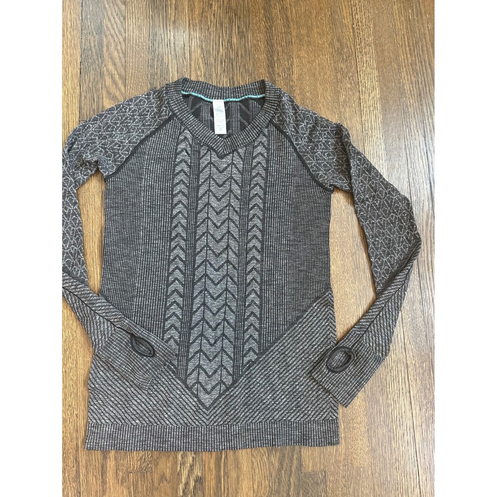 Ivivva Lululemon Girls 12 Gray Black Knit Long Sleeve Athletic Top Thumbholes(A)